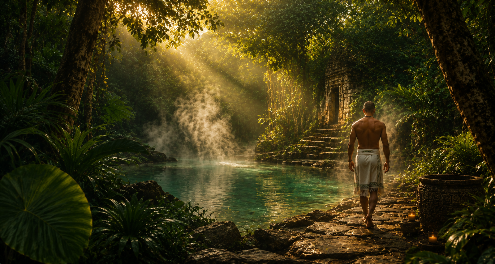 Santuario maya en la selva con agua, vapor y luz dorada